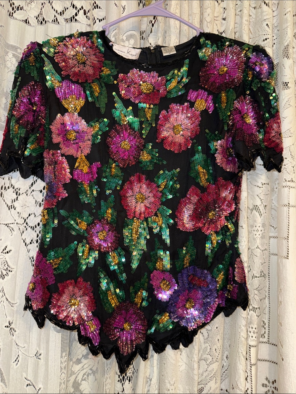 Laurence Kazar Black Sequin Floral Short-Sleeve Top